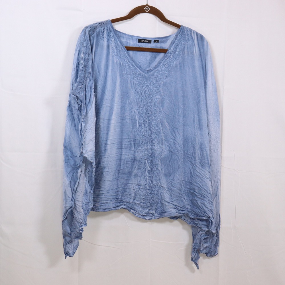 Raviya Poncho Top Large Blue Womens Embroidered V-Neck Coverup